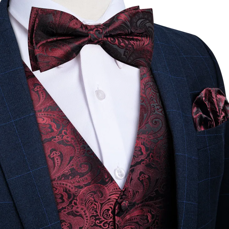 Black Red Paisley Jacquard Silk Men Vest Bow Tie Handkerchief Cufflinks Set sold by Ties2You