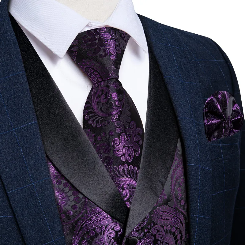 Purple Paisley Black Collar Vest Tie Hanky Cufflinks Set sold by Ties2You