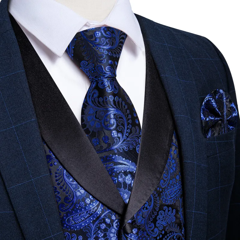 Blue Paisley Black Collar Vest Tie Hanky Cufflinks Set sold by Ties2You
