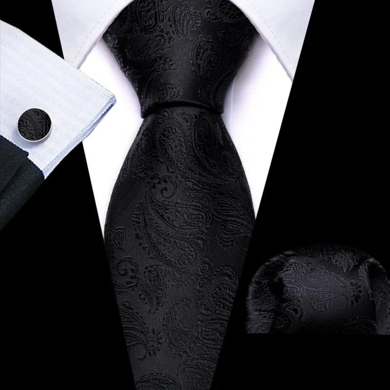 Black Paisley Men's 63 Inches Extra Length Tie Handkerchief Cufflinks Set sold by Ties2You