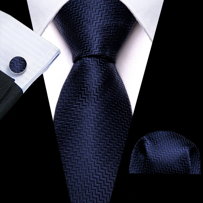 Pure Navy Blue Novelty Woven Men's 63 Inches Extra Length Tie Handkerchief Cufflinks Set sold by Ties2You