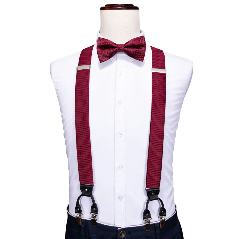 Burgundy Novelty Woven Y Back Brace Clip-on Men's Suspender with Bow Tie Set sold by Ties2You