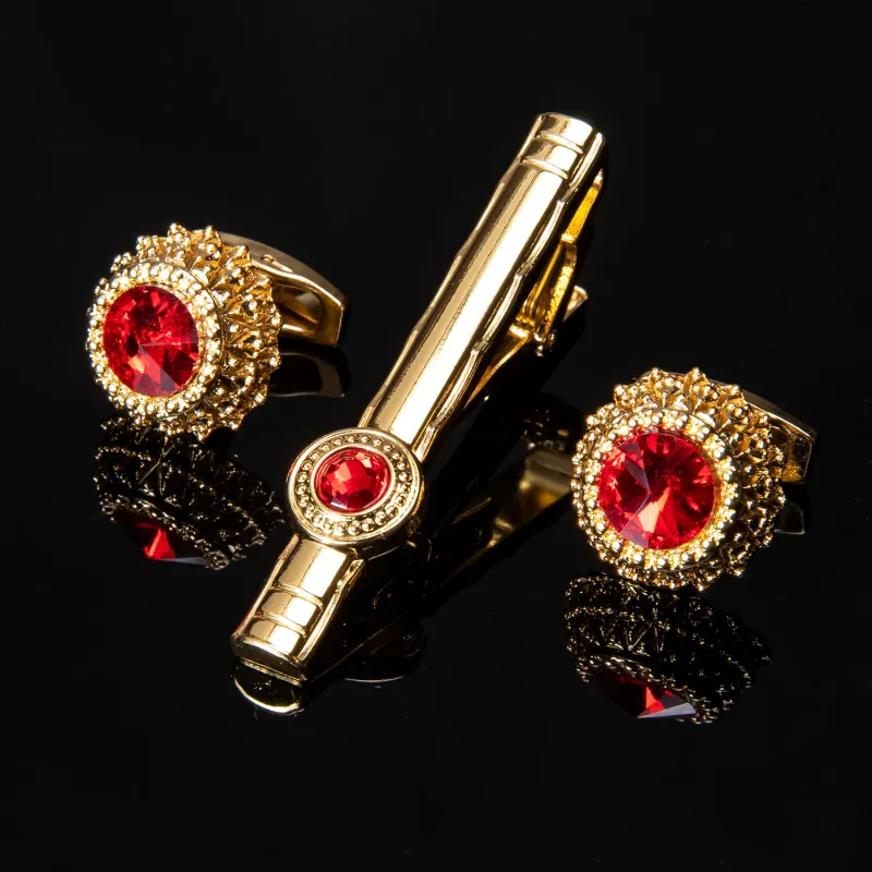 Lacquered Metal Golden with Single Red Imitated Crystal Striped Tie Clip Cufflinks Set sold by Ties2You