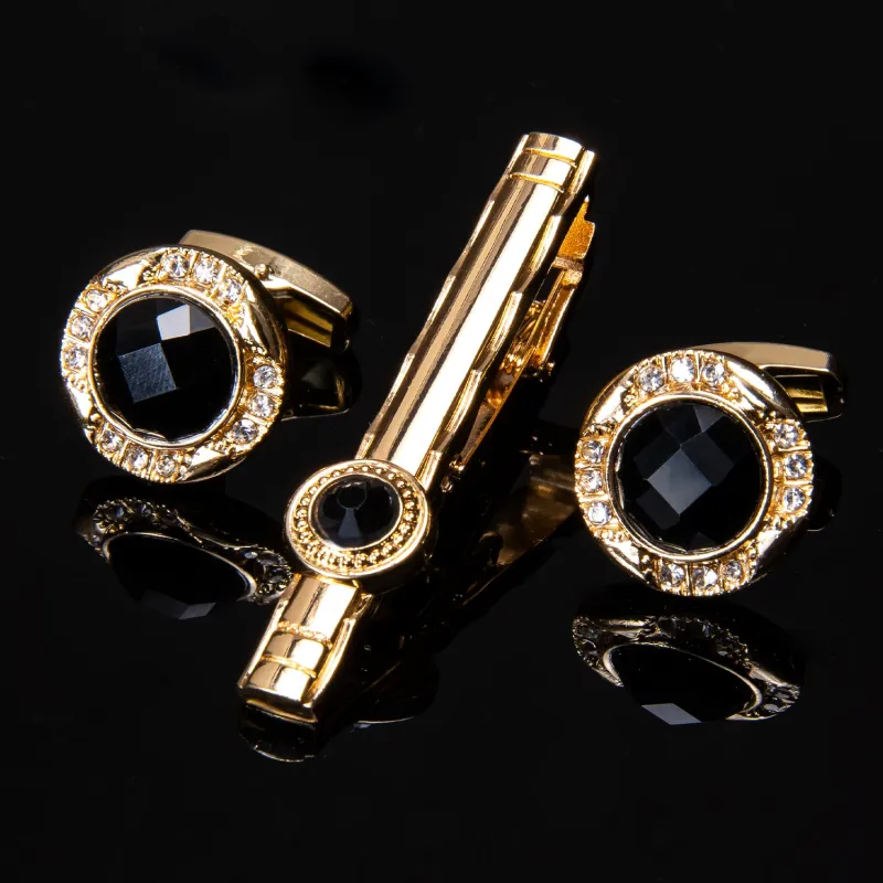 Lacquered Metal Golden with Single Black Imitated Crystal Striped Tie Clip Cufflinks Set sold by Ties2You
