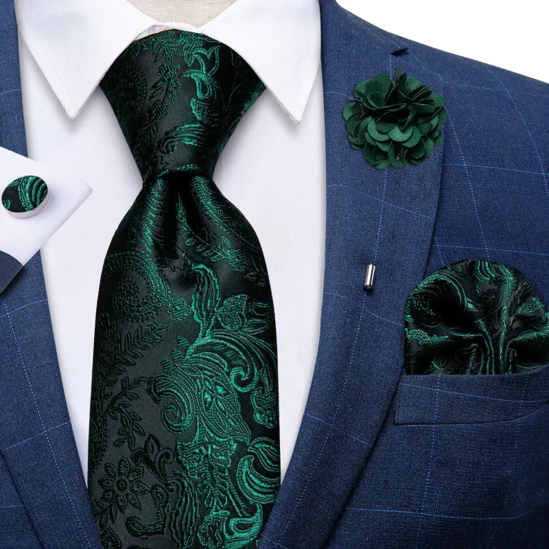 Green Black Floral Men's Necktie Pocket Square Cufflinks Set with Lapel Pin sold by Ties2You