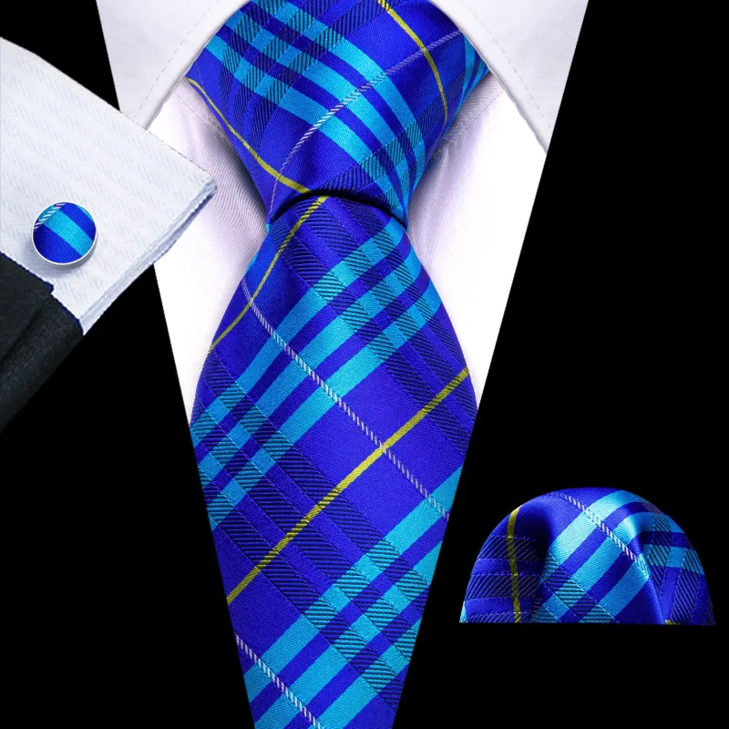 Blue Teal Yellow Plaid Silk Men's Tie Hanky Cufflinks Set sold by Ties2You