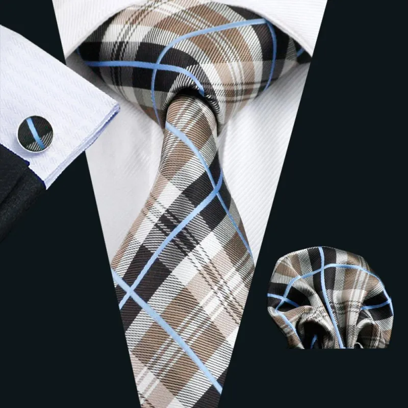 Brown Black White Plaid Silk Men's Tie Pocket Square Cufflinks Set sold by Ties2You
