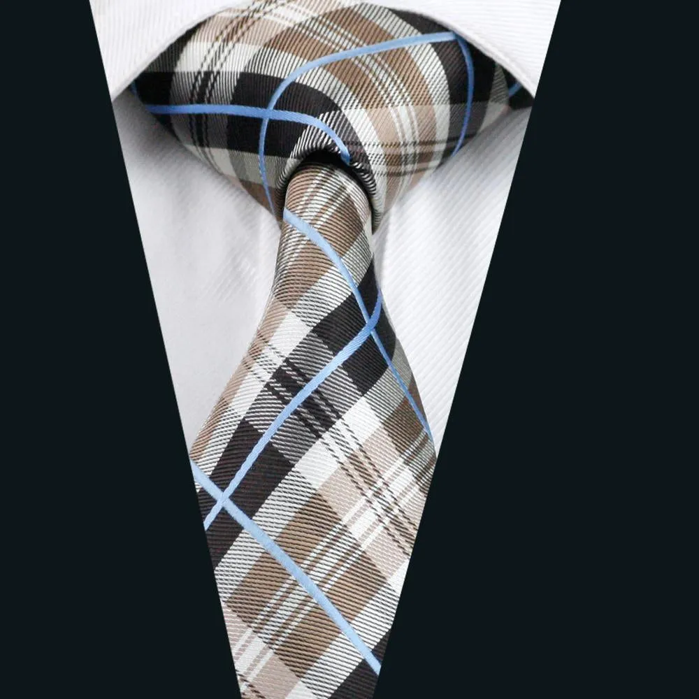 Brown Black White Plaid Silk Men's Tie Pocket Square Cufflinks Set sold by Ties2You product image thumbnail 2