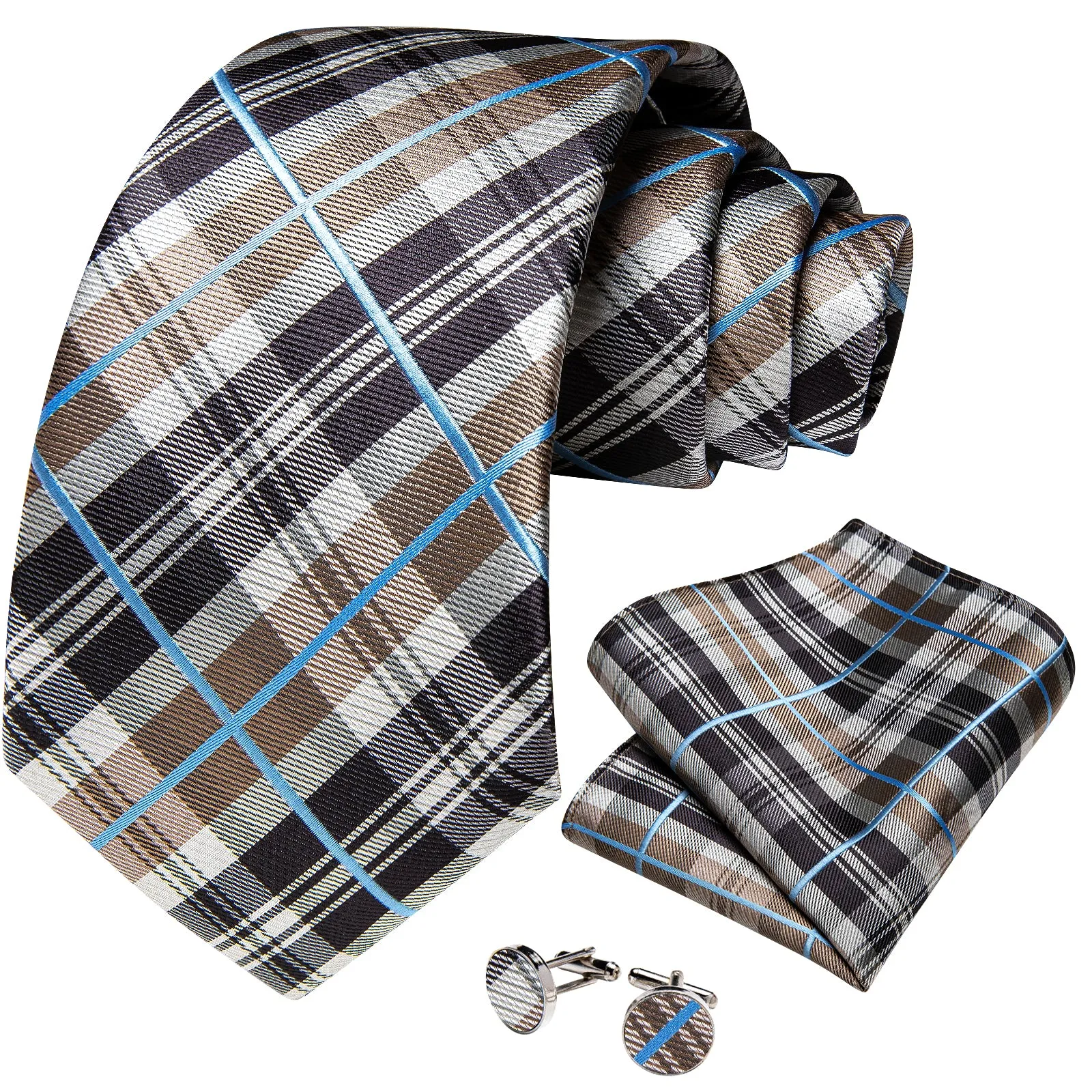 Brown Black White Plaid Silk Men's Tie Pocket Square Cufflinks Set sold by Ties2You product image thumbnail 3