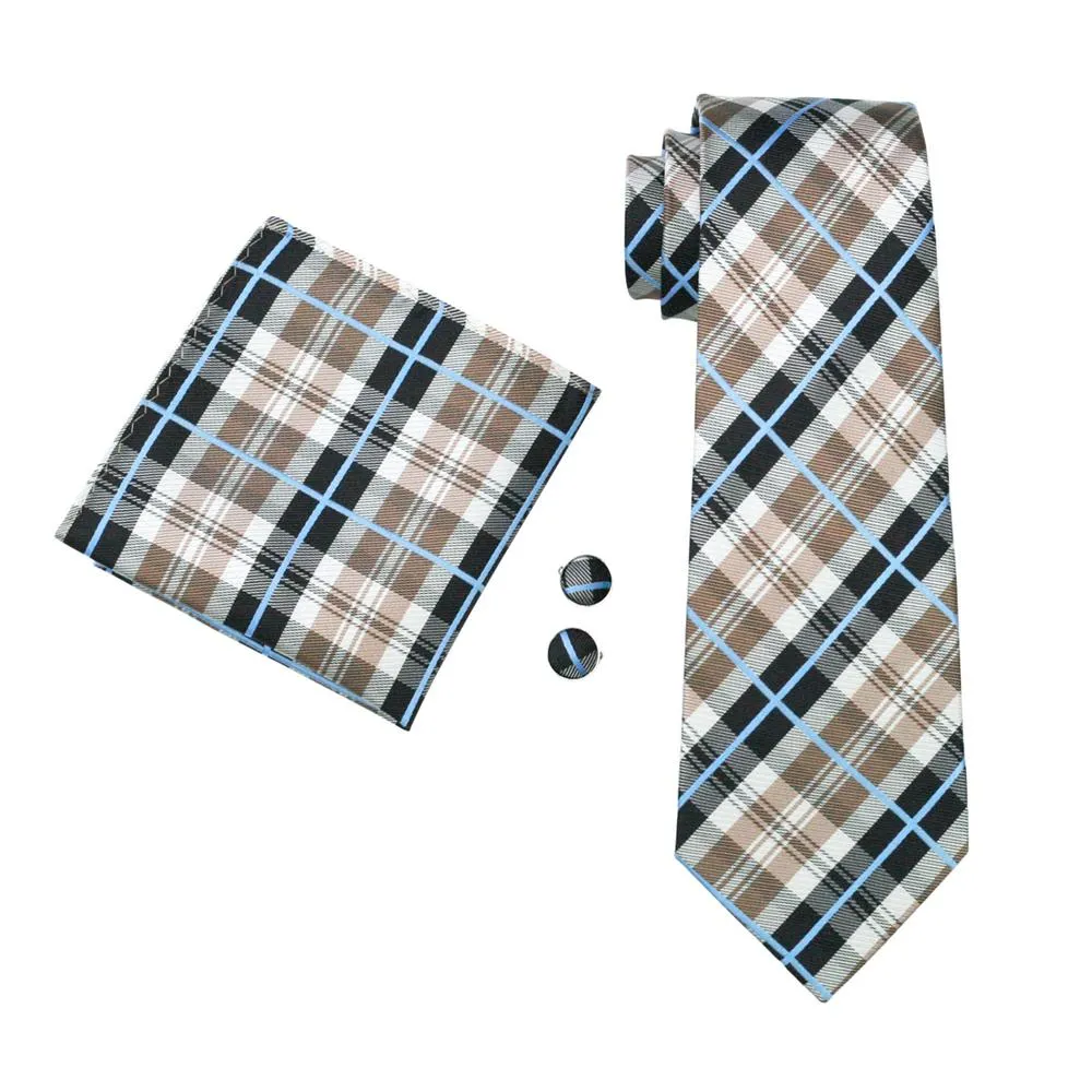Brown Black White Plaid Silk Men's Tie Pocket Square Cufflinks Set sold by Ties2You product image thumbnail 4