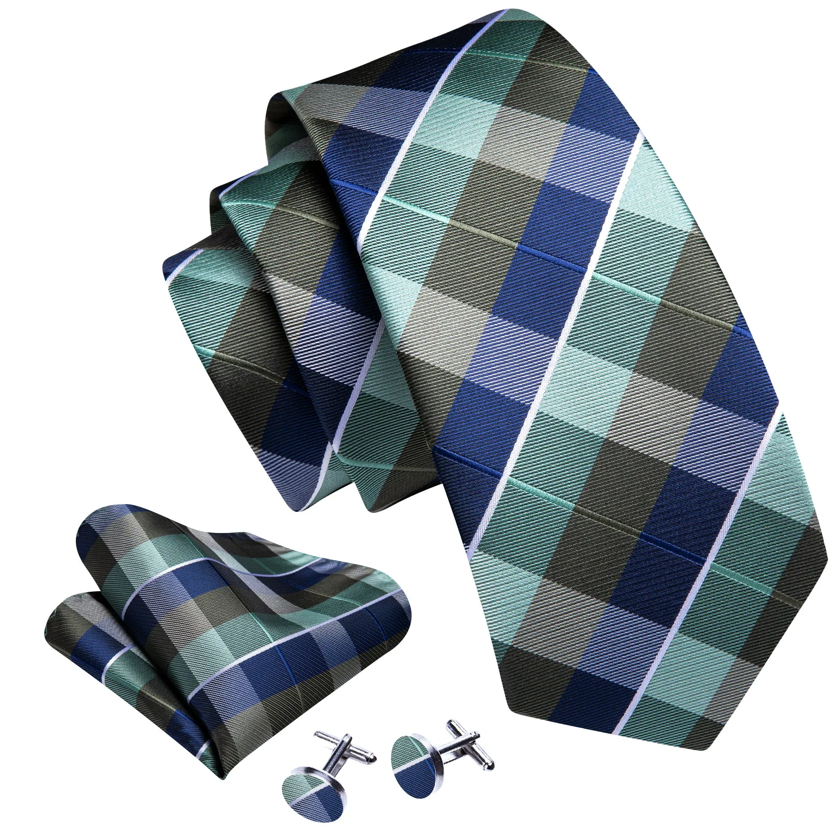 Blue Green Brown Plaid Men's Tie Pocket Square Cufflinks Set sold by Ties2You product image thumbnail 2
