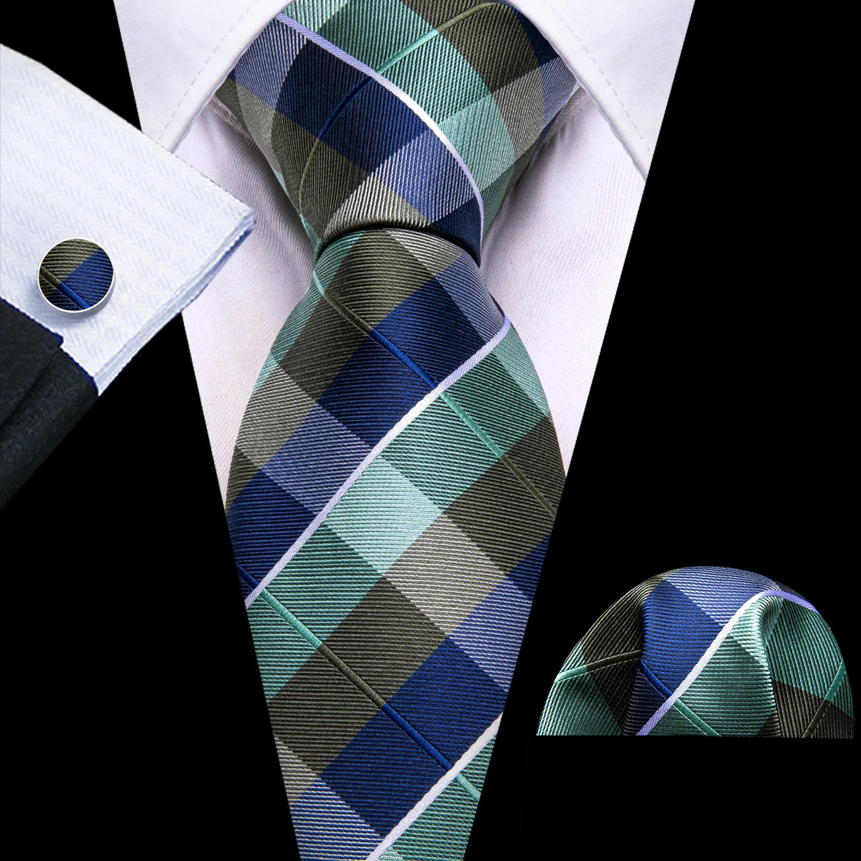 Blue Green Brown Plaid Men's Tie Pocket Square Cufflinks Set sold by Ties2You