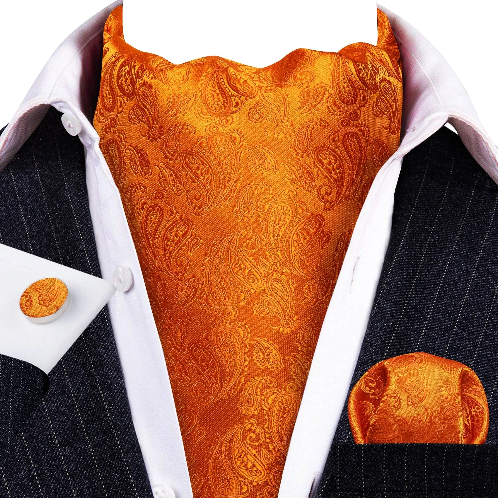 Orange Paisley Silk Ascot Pocket Square Cufflinks Set sold by Ties2You product image thumbnail 2