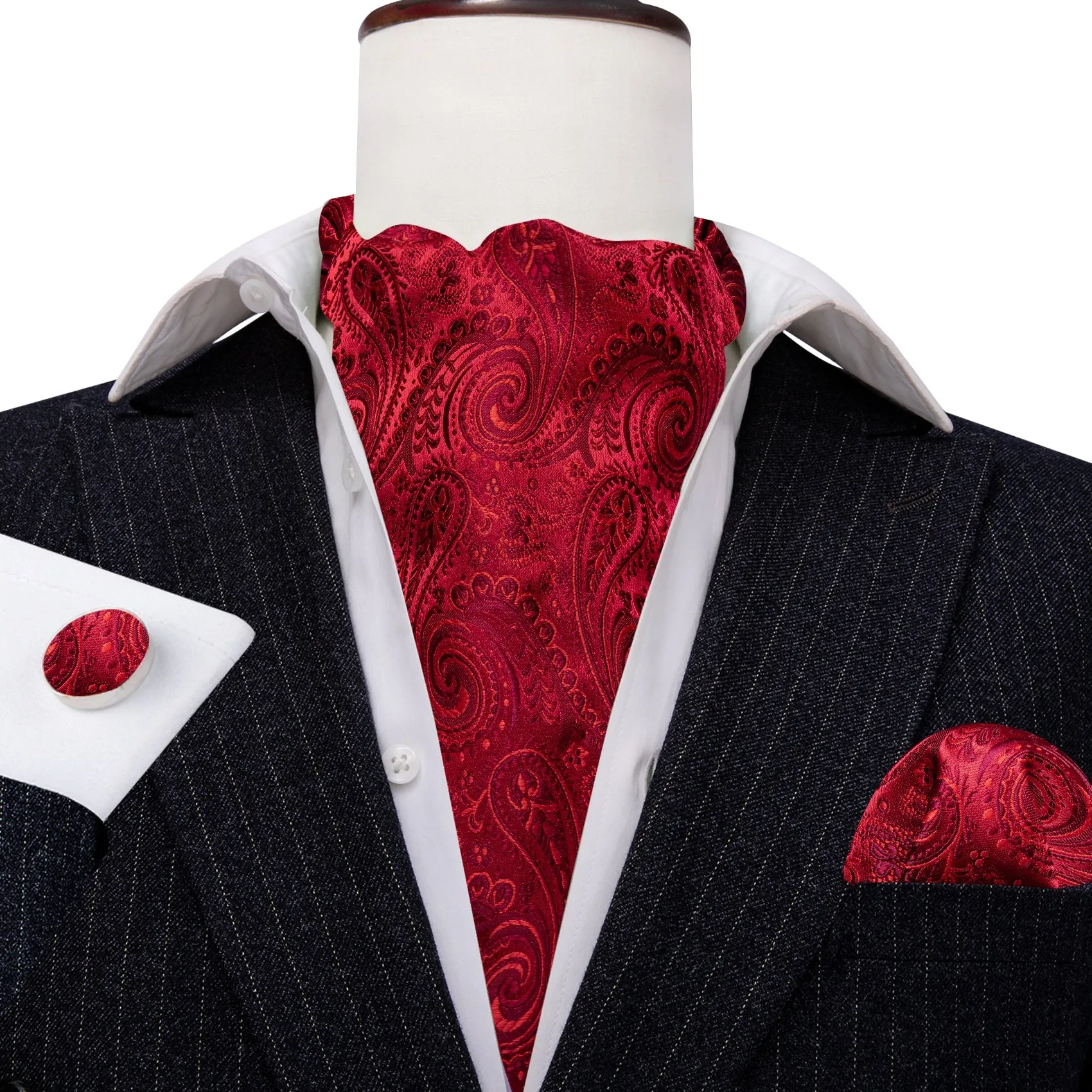 Red Paisley Silk Ascot Pocket Square Cufflinks Set sold by Ties2You product image thumbnail 5