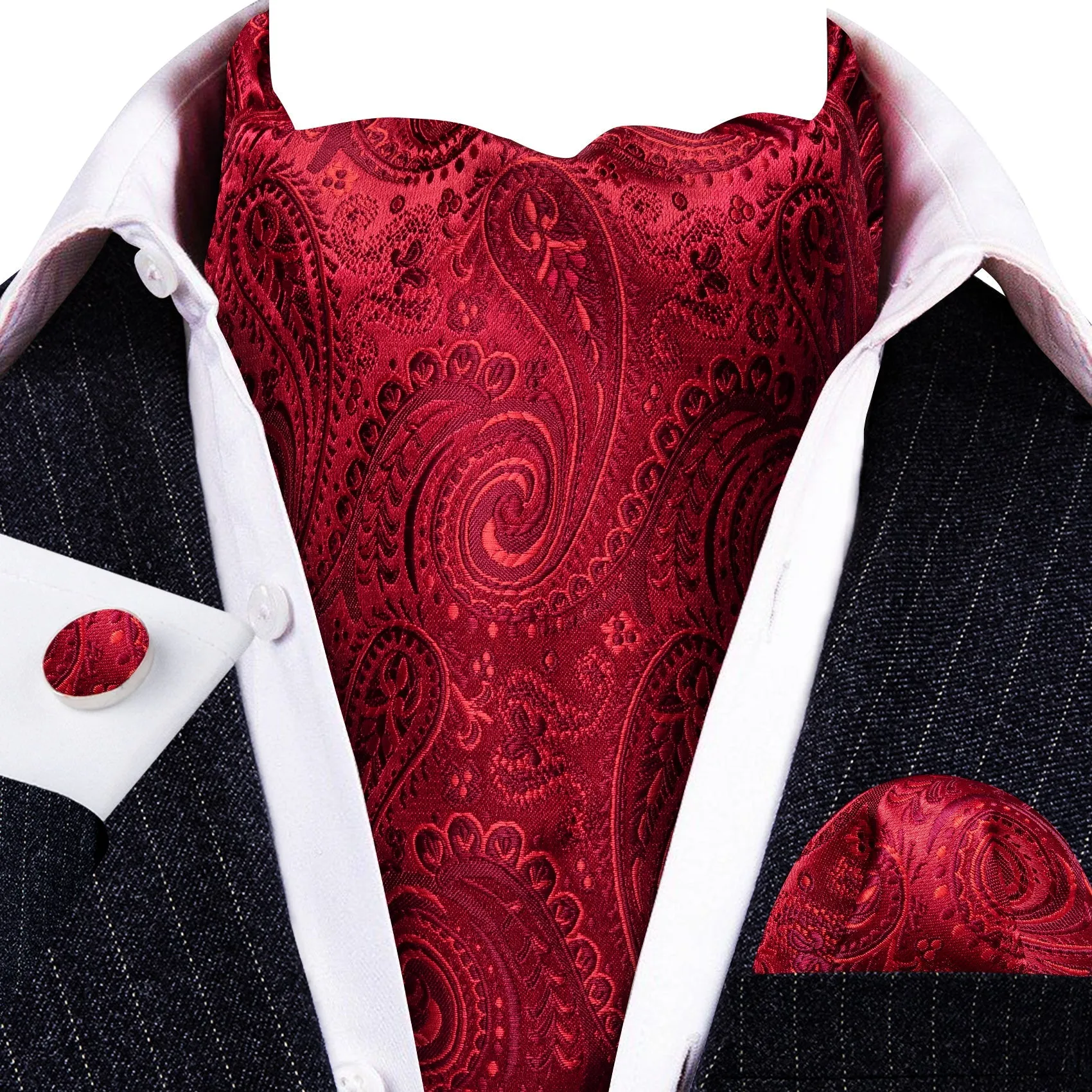 Red Paisley Silk Ascot Pocket Square Cufflinks Set sold by Ties2You product image thumbnail 2