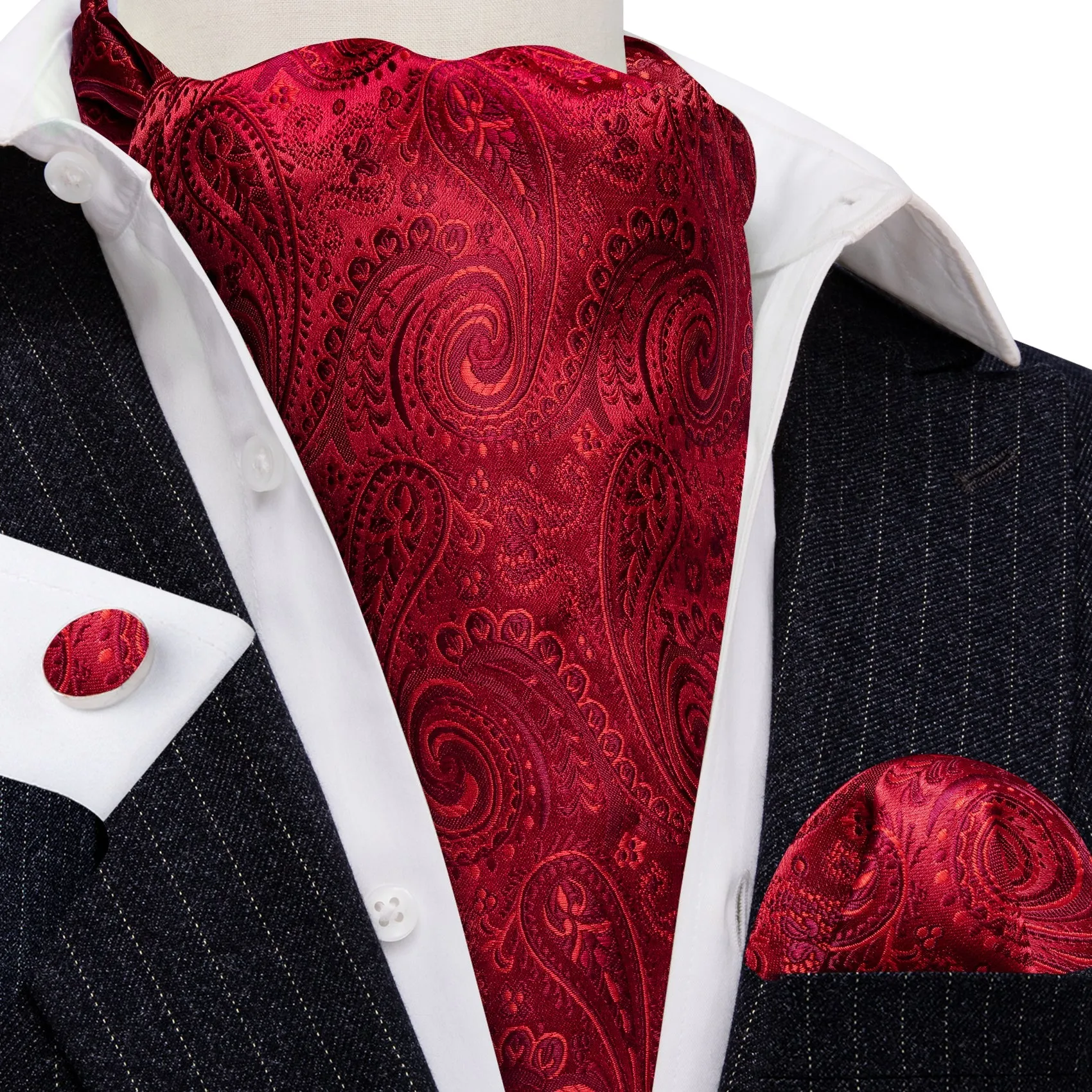 Red Paisley Silk Ascot Pocket Square Cufflinks Set sold by Ties2You product image thumbnail 3