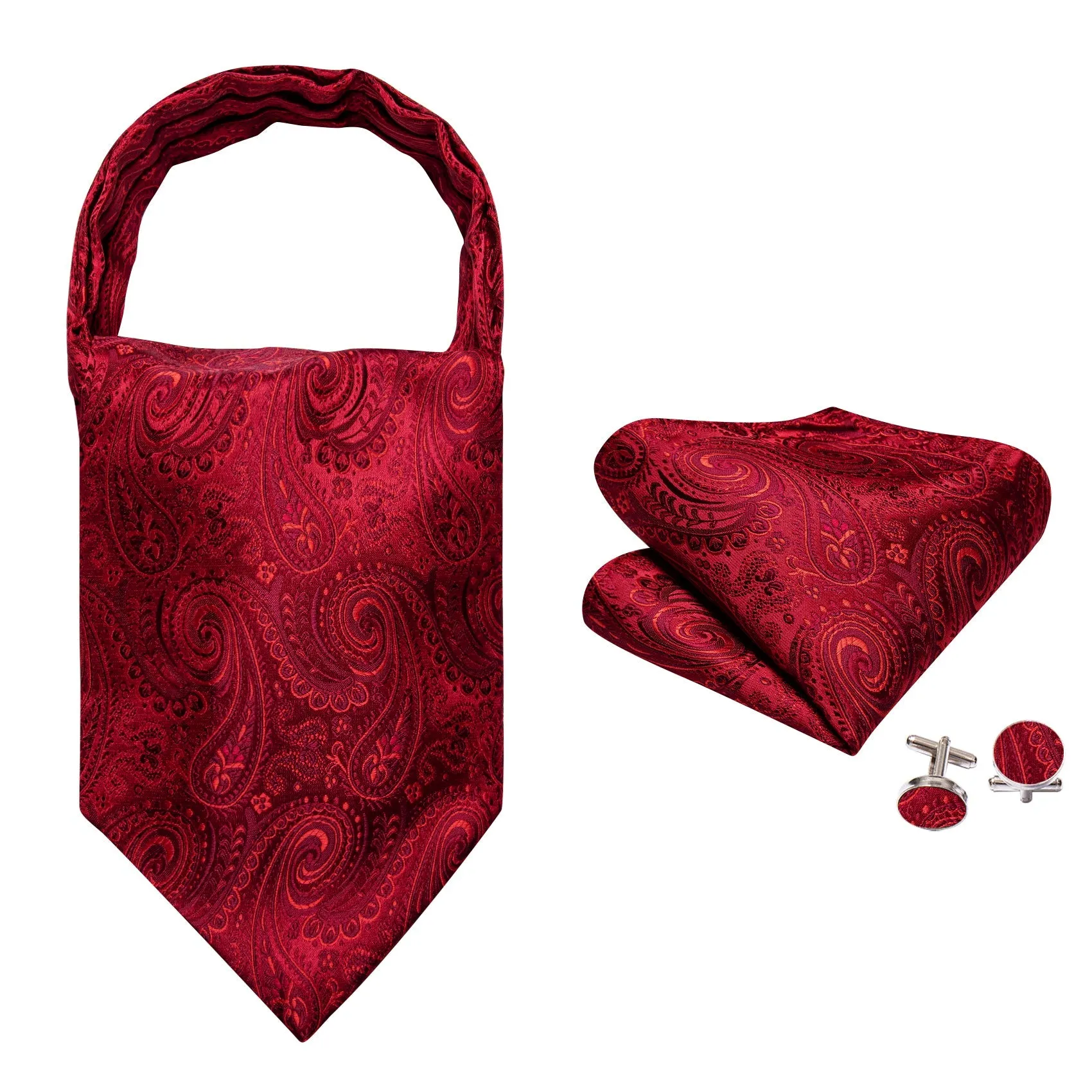 Red Paisley Silk Ascot Pocket Square Cufflinks Set sold by Ties2You product image thumbnail 4