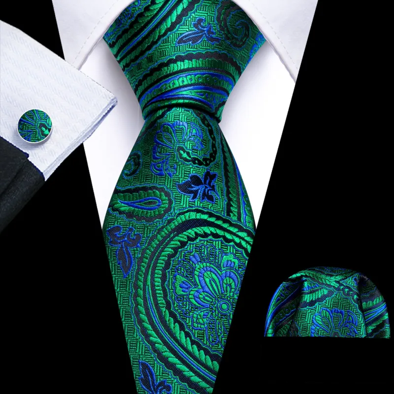 Blue Green Paisley Flower Men's Tie Pocket Square Cufflinks Set sold by Ties2You