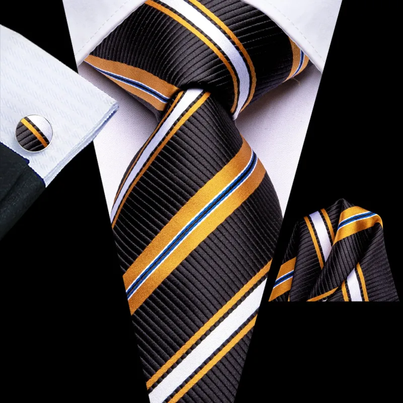 Black Yellow White Striped Men's Necktie Pocket Square Cufflinks Set sold by Ties2You