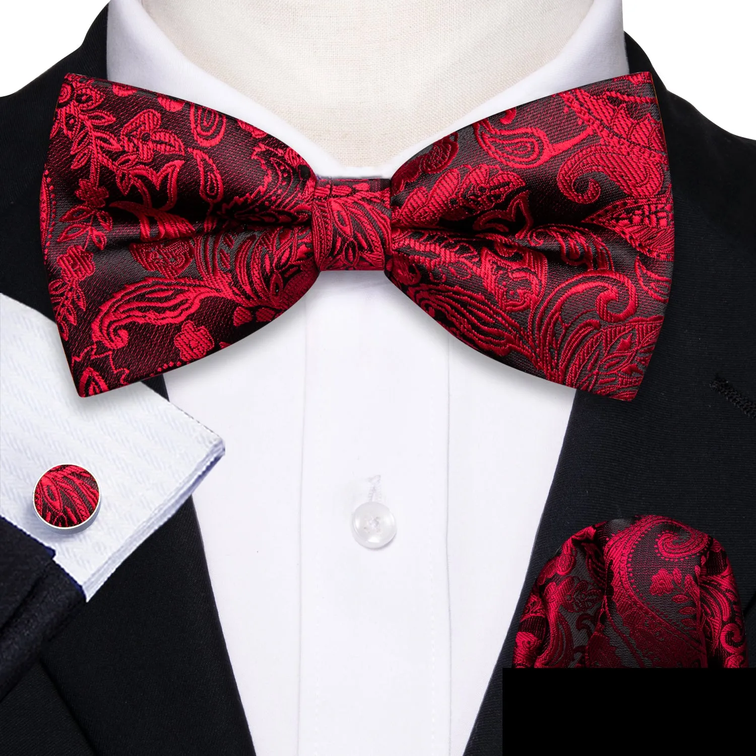 Red Black Paisley Pre-tied Bowtie Pocket Square Cufflinks Set sold by Ties2You