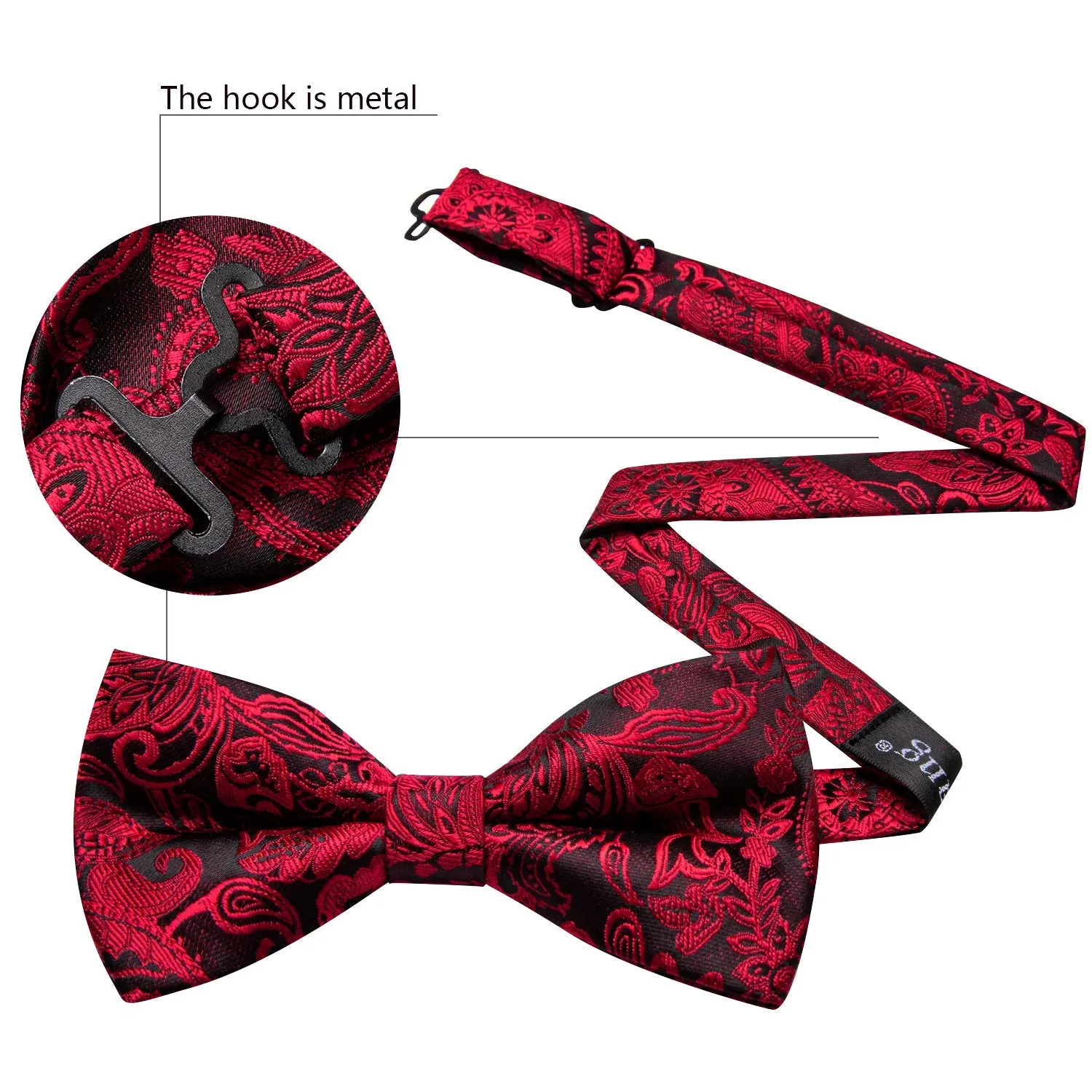 Red Black Paisley Pre-tied Bowtie Pocket Square Cufflinks Set sold by Ties2You product image thumbnail 4