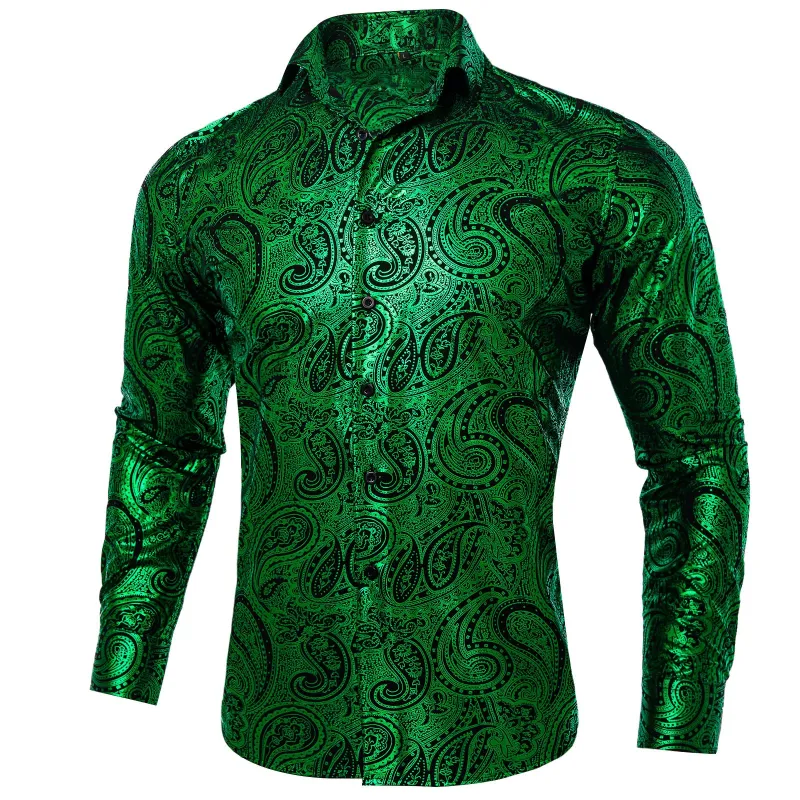 Emerald Green Black Paisley Flower Hot Stamping Men's Long Sleeve Shirt sold by Ties2You