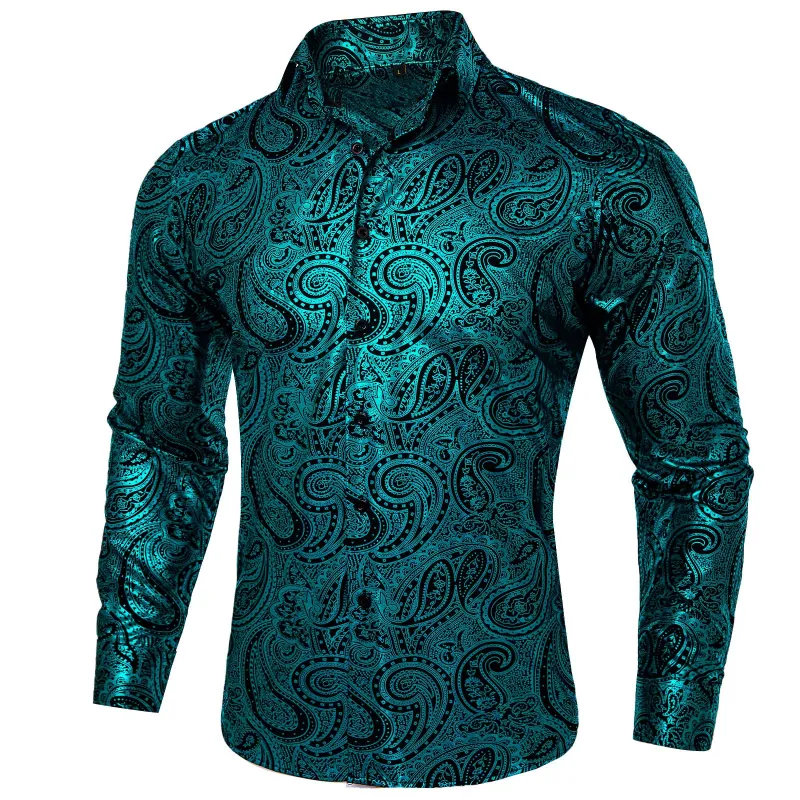 Teal Black Paisley Flower Hot Stamping Men's Long Sleeve Shirt sold by Ties2You