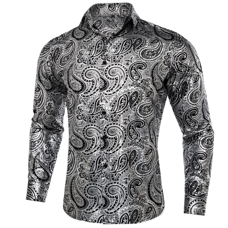Silver Black Paisley Flower Hot Stamping Men's Long Sleeve Shirt sold by Ties2You