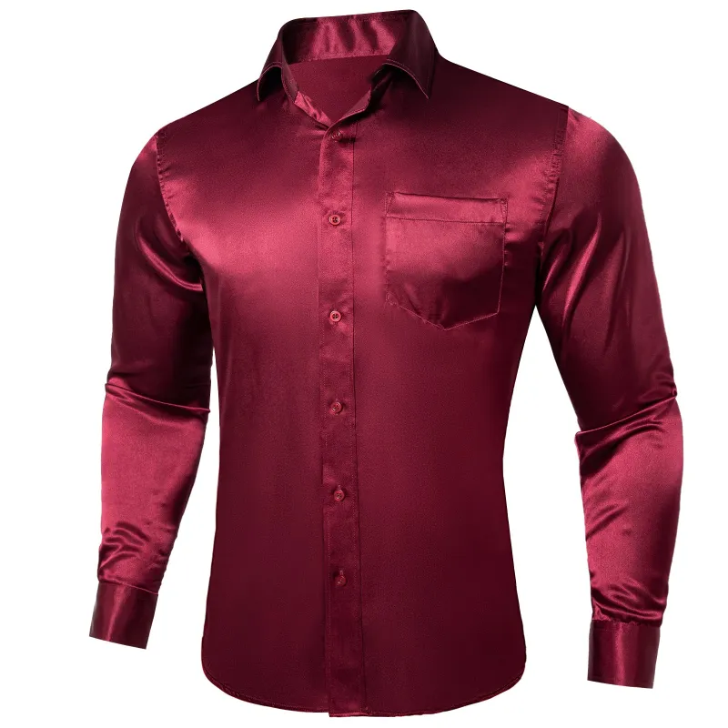 Burgundy Solid Satin Silk Men's Long Sleeve Business Shirt sold by Ties2You
