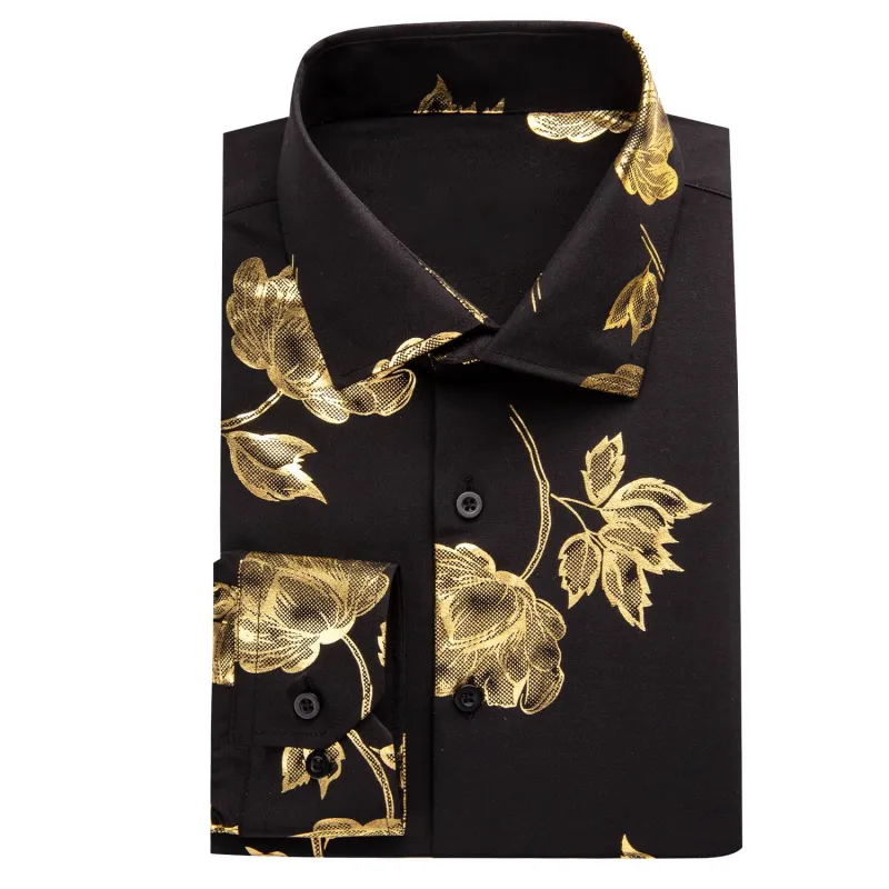 Black Golden Floral Silk Men Long Sleeve Shirt sold by Ties2You