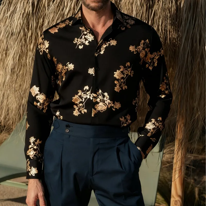 Ties2you Black Dress Shirt Mens Gold Floral Silk Wedding Long Sleeve Button Down Shirt sold by Ties2You