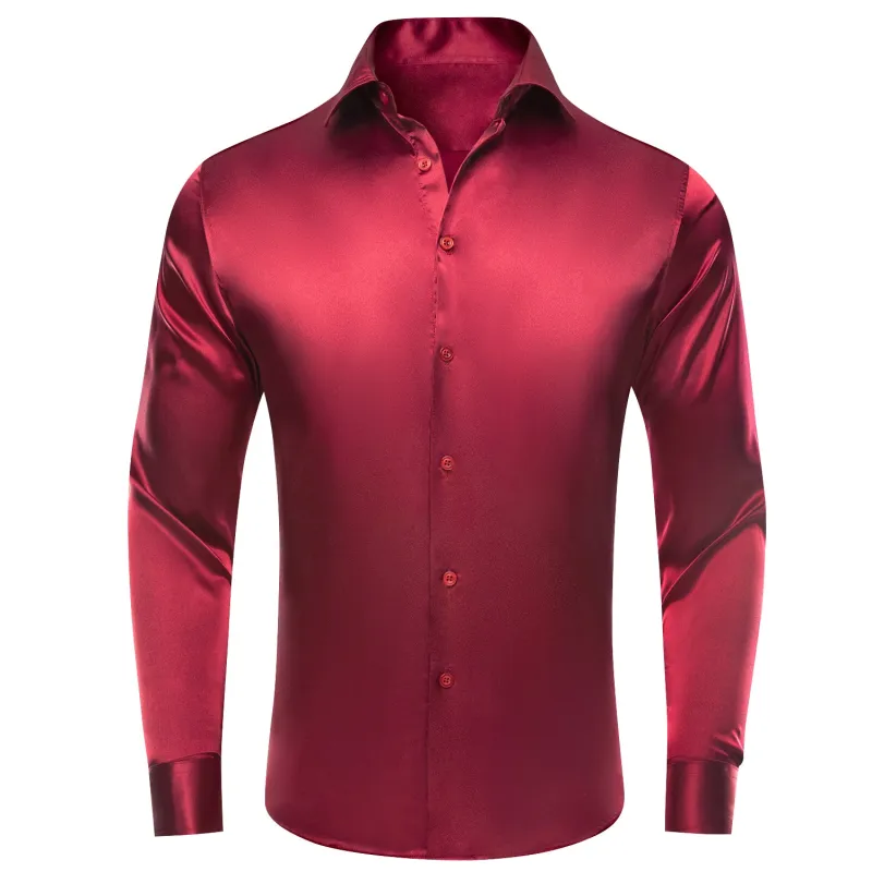 Burgundy Red Solid Satin Silk Men's Long Sleeve Business Shirt sold by Ties2You