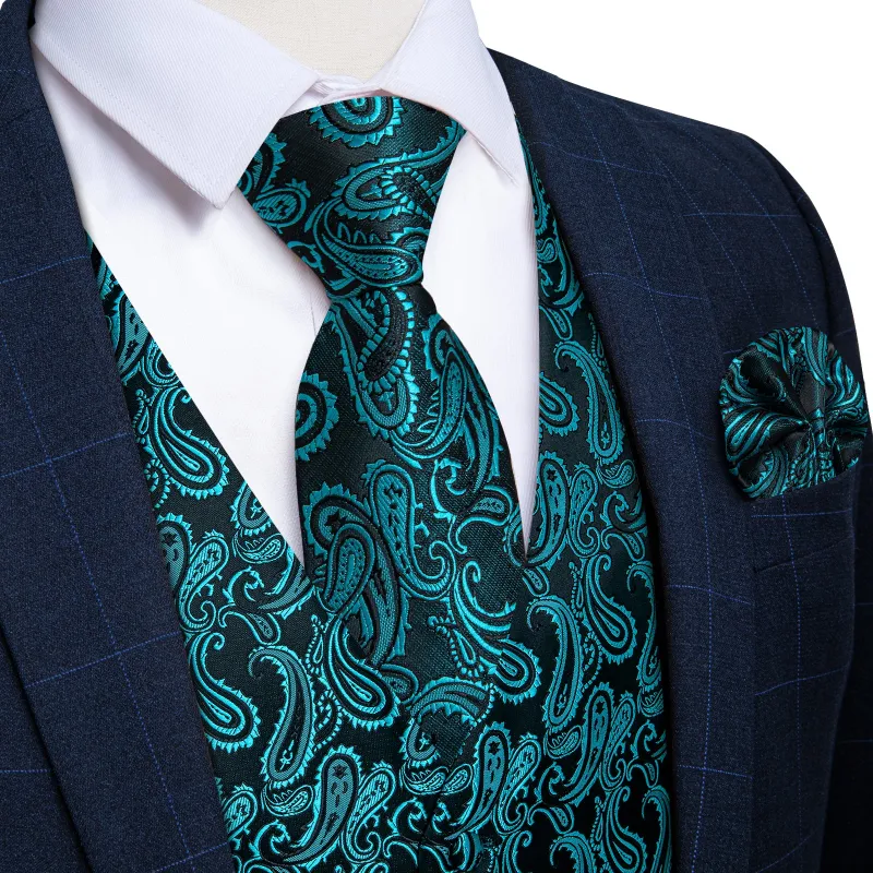 Ties2you Men's Vest Black Turquoise Paisley Jacquard Silk Vest Hanky Cufflinks Tie Set Waistcoat Suit Set sold by Ties2You