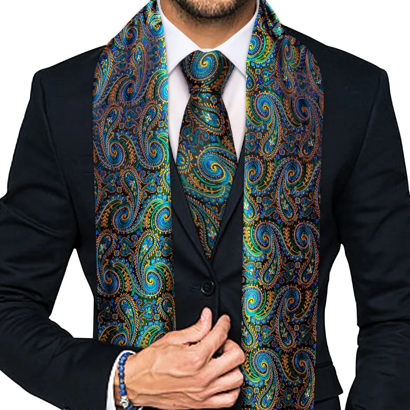 Multi-color Green Blue Yellow Paisley Men's Silk Scarf Necktie Set sold by Ties2You