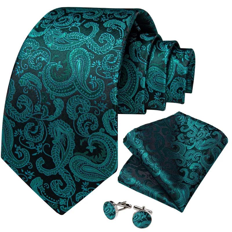 Nile Blue Paisley Silk Necktie Pocket Square Cufflinks Set sold by Ties2You