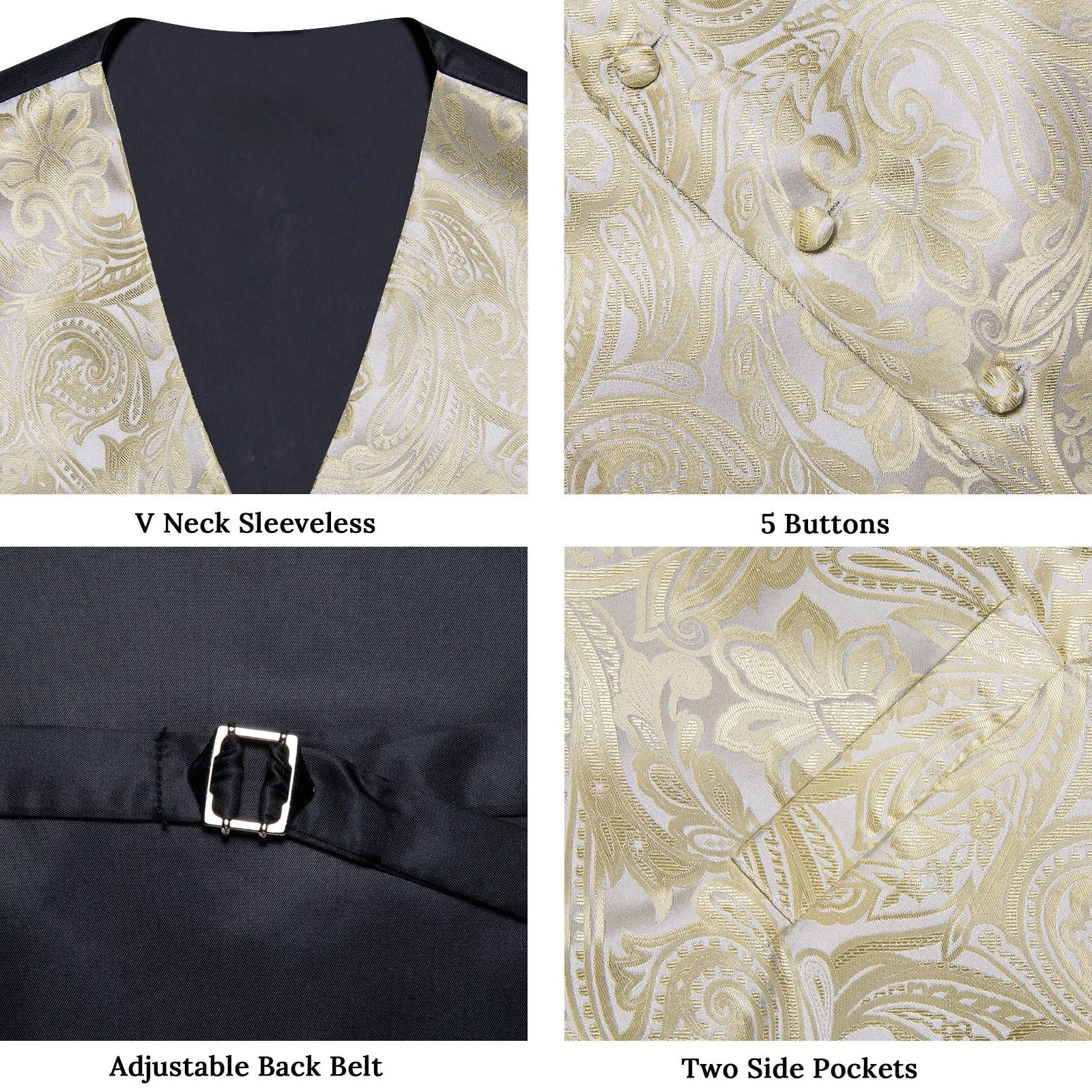 Beige Paisley Flower Silk Men's Vest Hanky Cufflinks Tie Set sold by Ties2You product image thumbnail 5