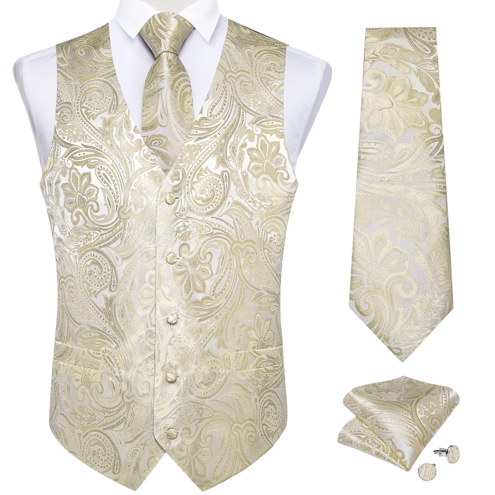 Beige Paisley Flower Silk Men's Vest Hanky Cufflinks Tie Set sold by Ties2You product image thumbnail 2