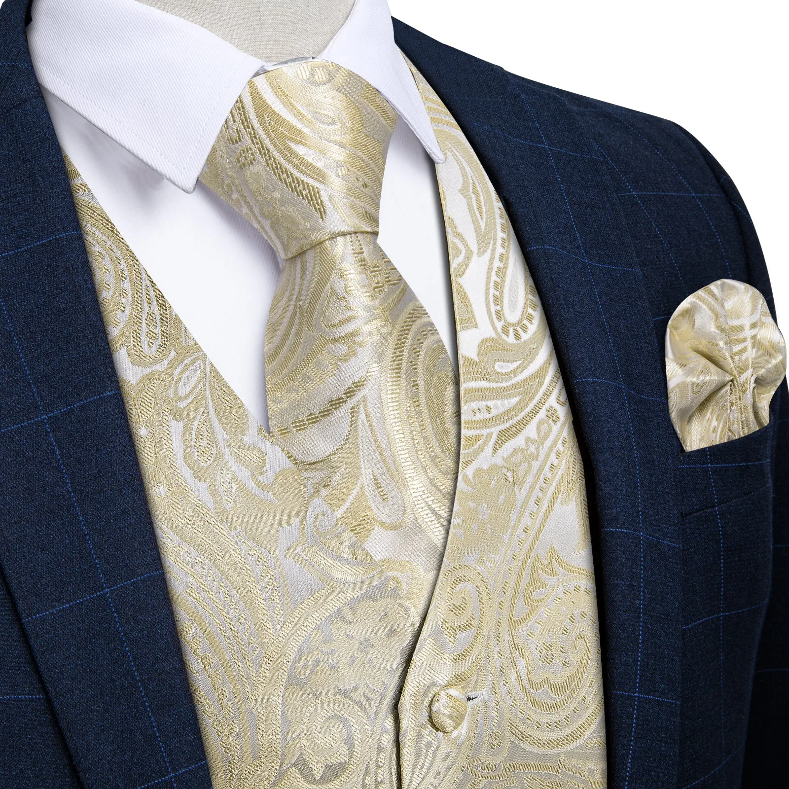 Beige Paisley Flower Silk Men's Vest Hanky Cufflinks Tie Set sold by Ties2You