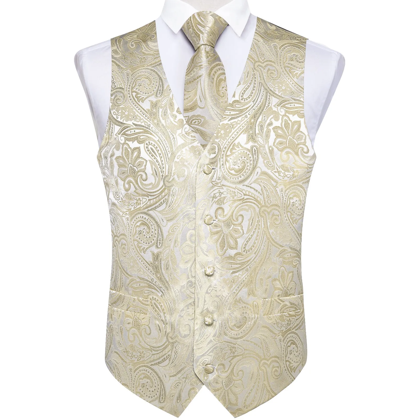 Beige Paisley Flower Silk Men's Vest Hanky Cufflinks Tie Set sold by Ties2You product image thumbnail 4