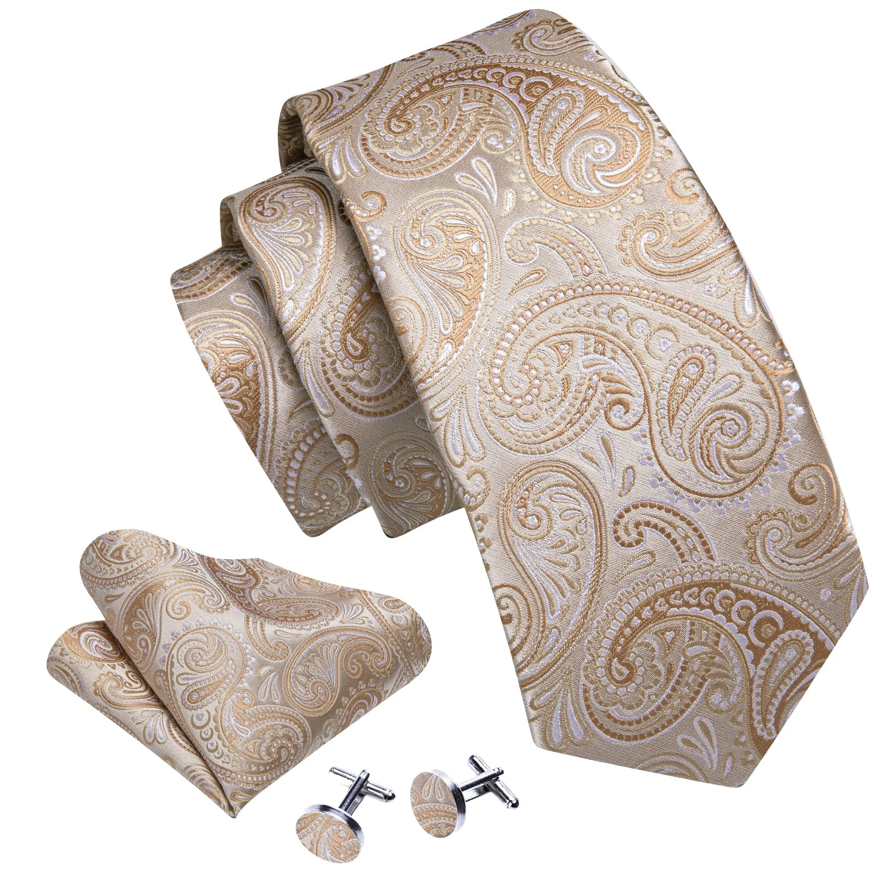 Beige Paisley Silk Tie Handkerchief Cufflinks Set sold by Ties2You product image thumbnail 2