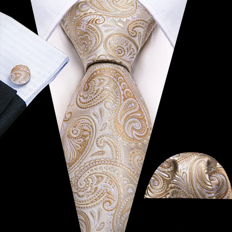 Beige Paisley Silk Tie Handkerchief Cufflinks Set sold by Ties2You