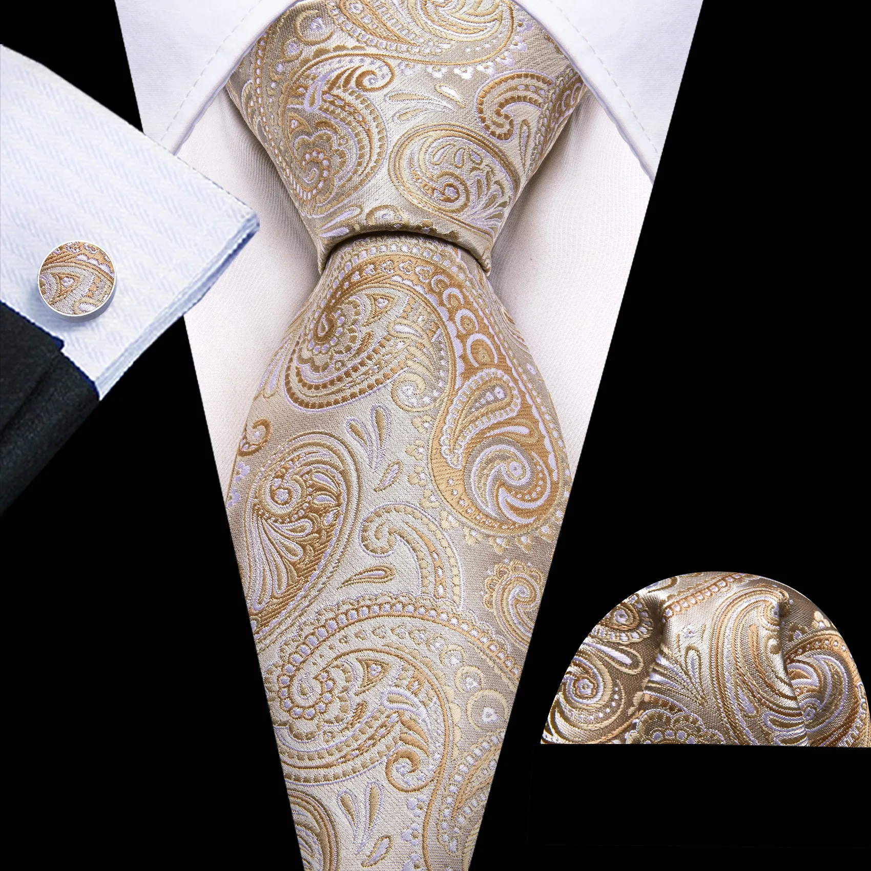 Beige Paisley Silk Tie Handkerchief Cufflinks Set sold by Ties2You
