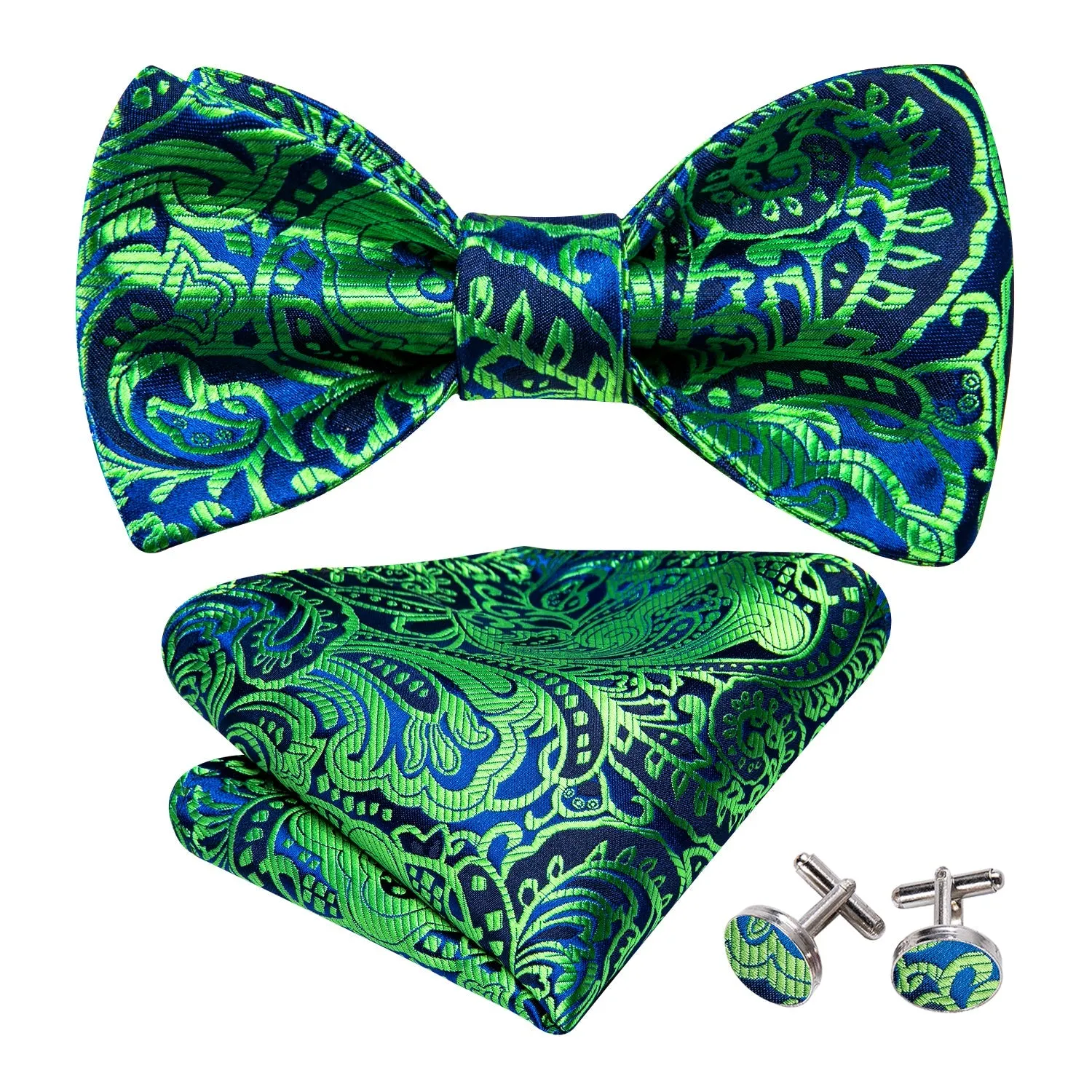 Ties2you Green Tie Paisley Self-Bow Tie Hanky Cufflinks Set for Men sold by Ties2You product image thumbnail 2
