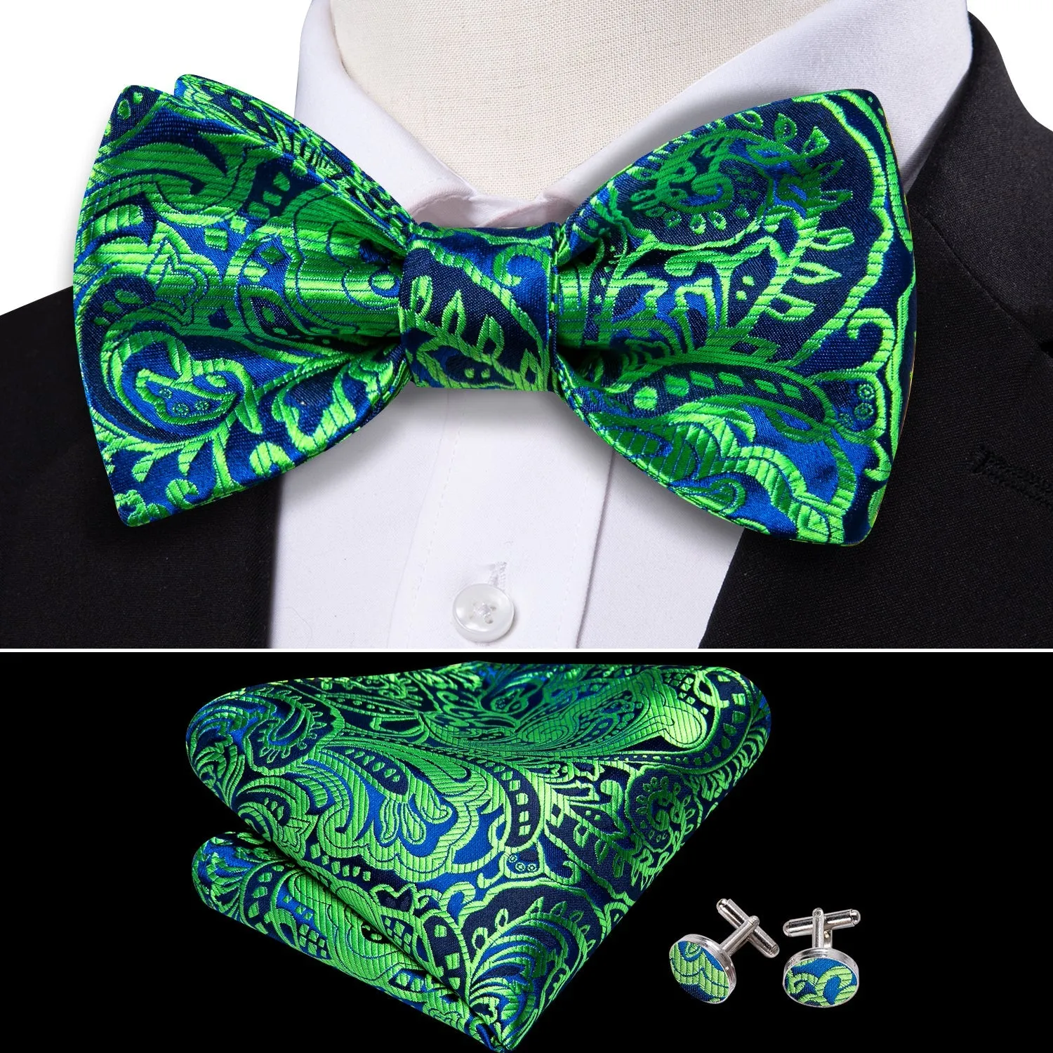 Ties2you Green Tie Paisley Self-Bow Tie Hanky Cufflinks Set for Men sold by Ties2You product image thumbnail 3