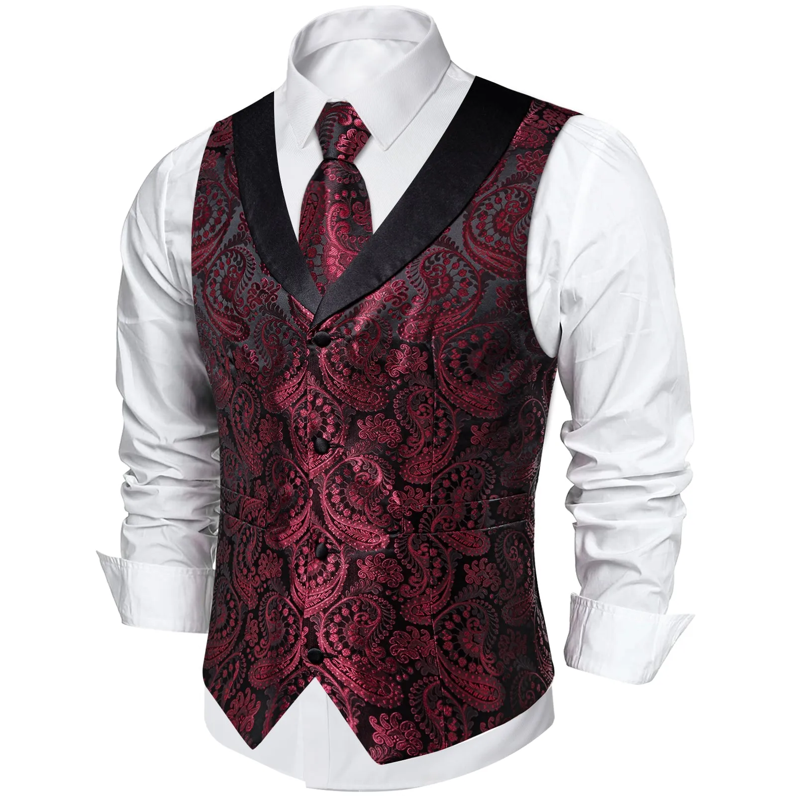 Classic Red Paisley Black Collar Vest Tie Hanky Cufflinks Set sold by Ties2You product image thumbnail 5