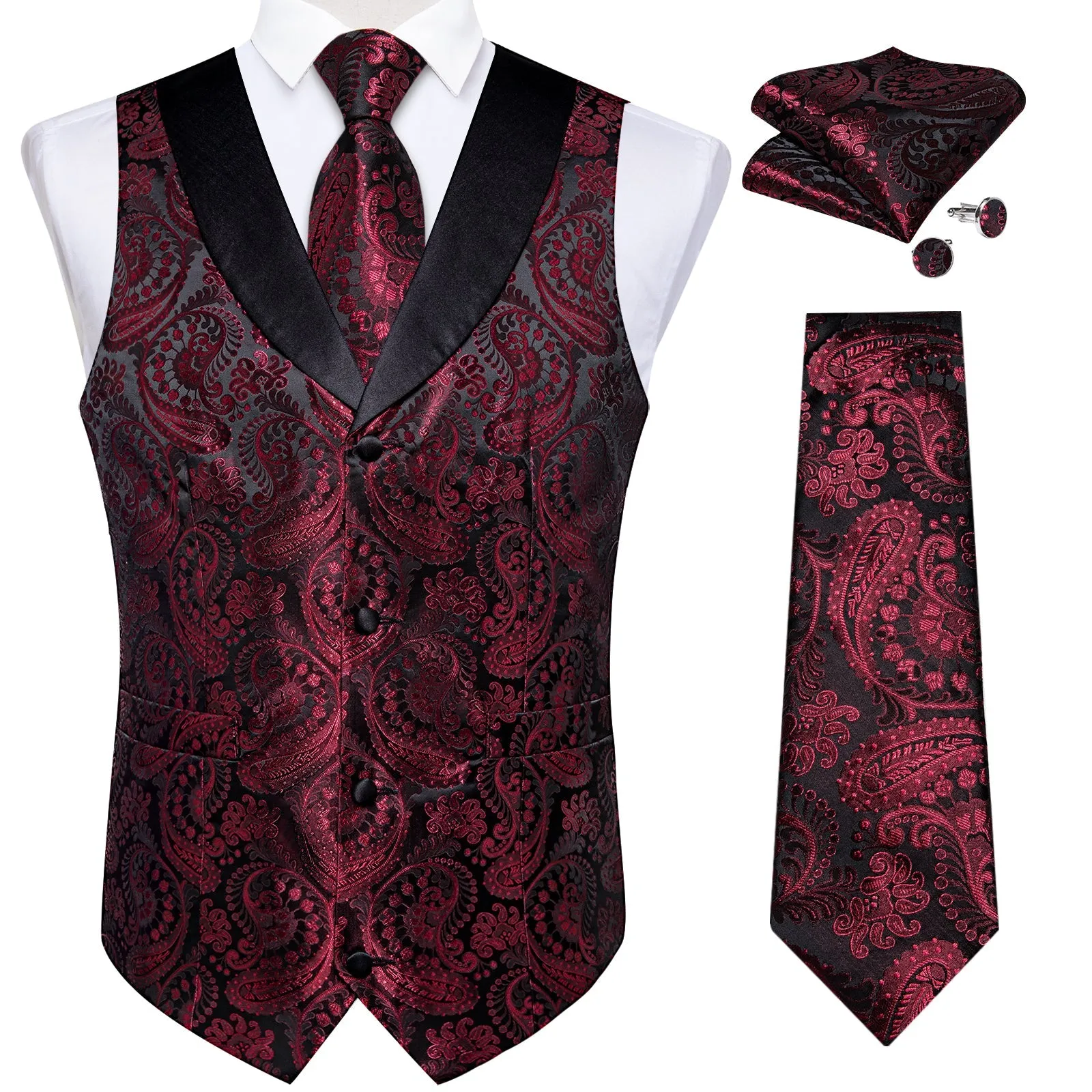 Classic Red Paisley Black Collar Vest Tie Hanky Cufflinks Set sold by Ties2You product image thumbnail 2