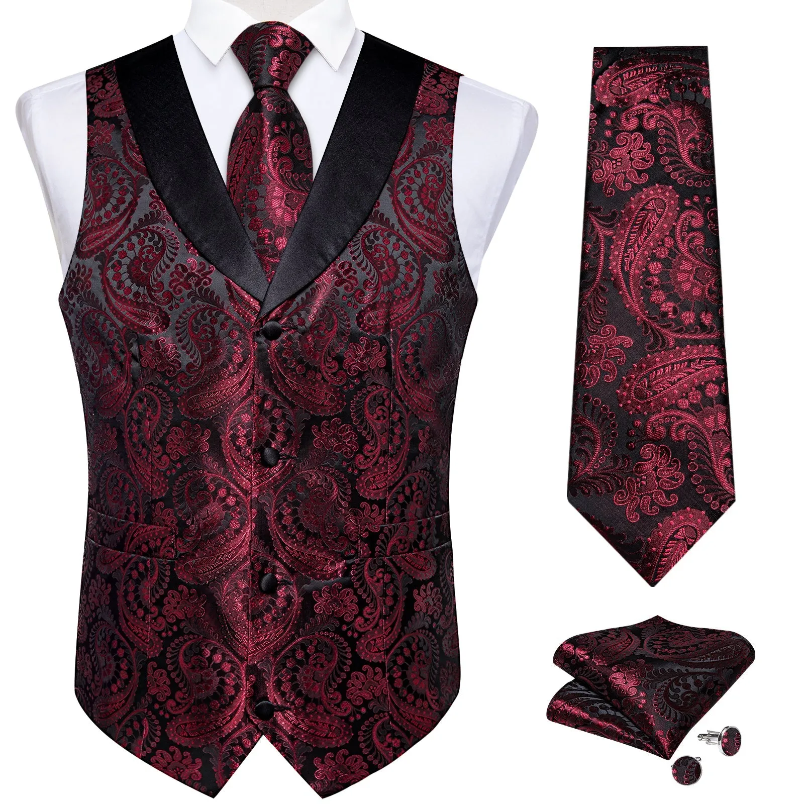 Classic Red Paisley Black Collar Vest Tie Hanky Cufflinks Set sold by Ties2You product image thumbnail 3