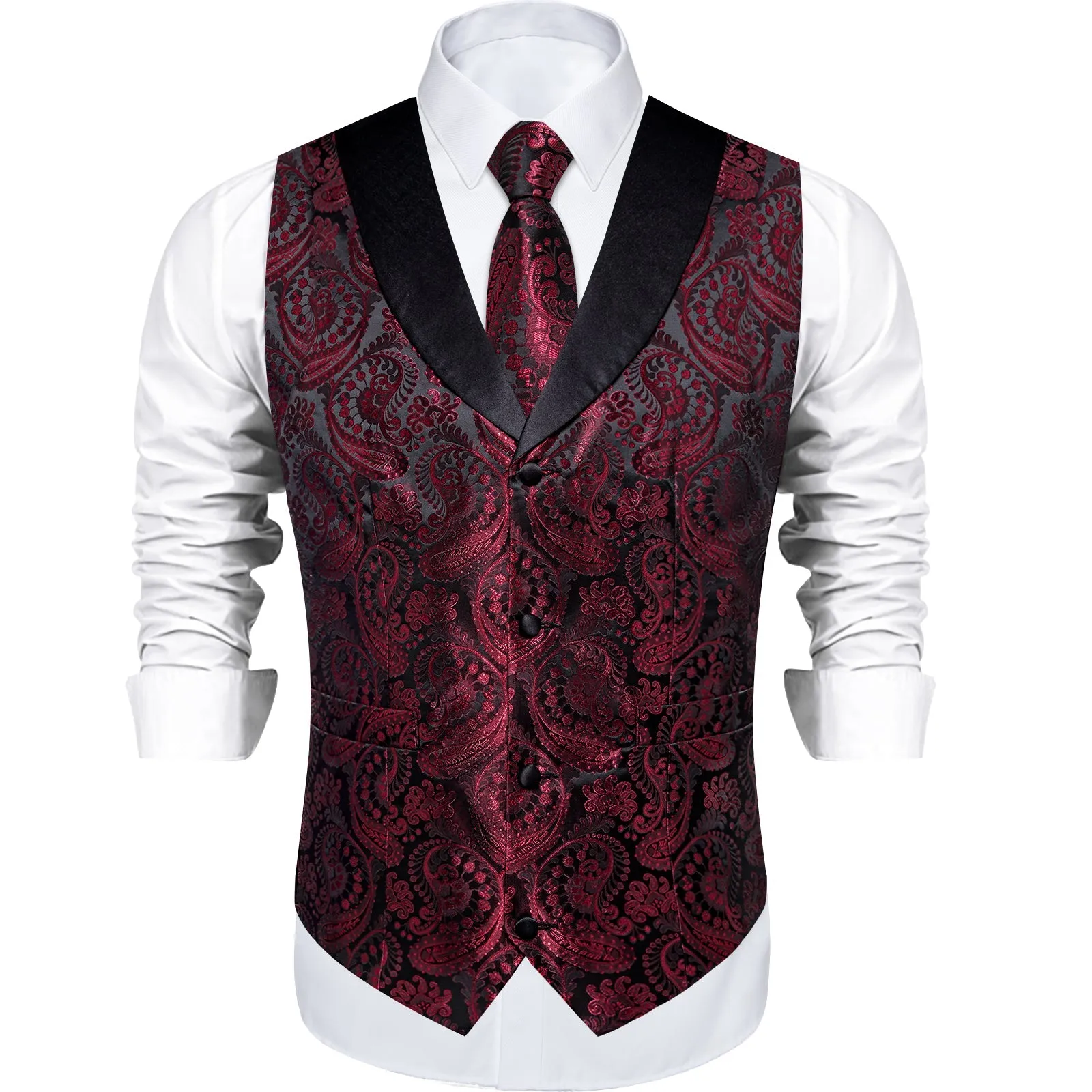 Classic Red Paisley Black Collar Vest Tie Hanky Cufflinks Set sold by Ties2You product image thumbnail 4