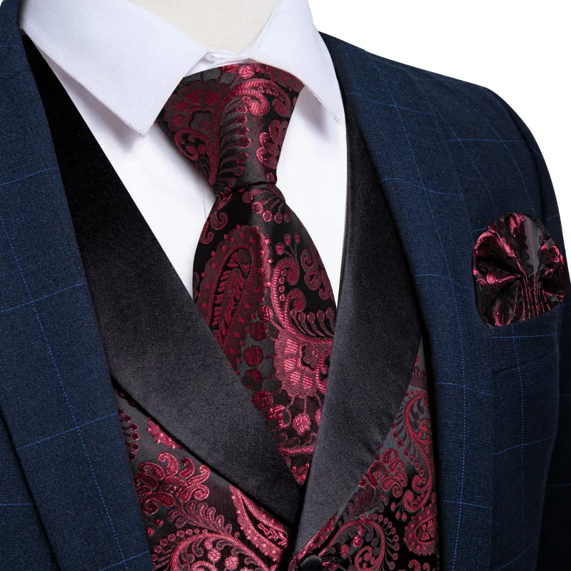 Classic Red Paisley Black Collar Vest Tie Hanky Cufflinks Set sold by Ties2You
