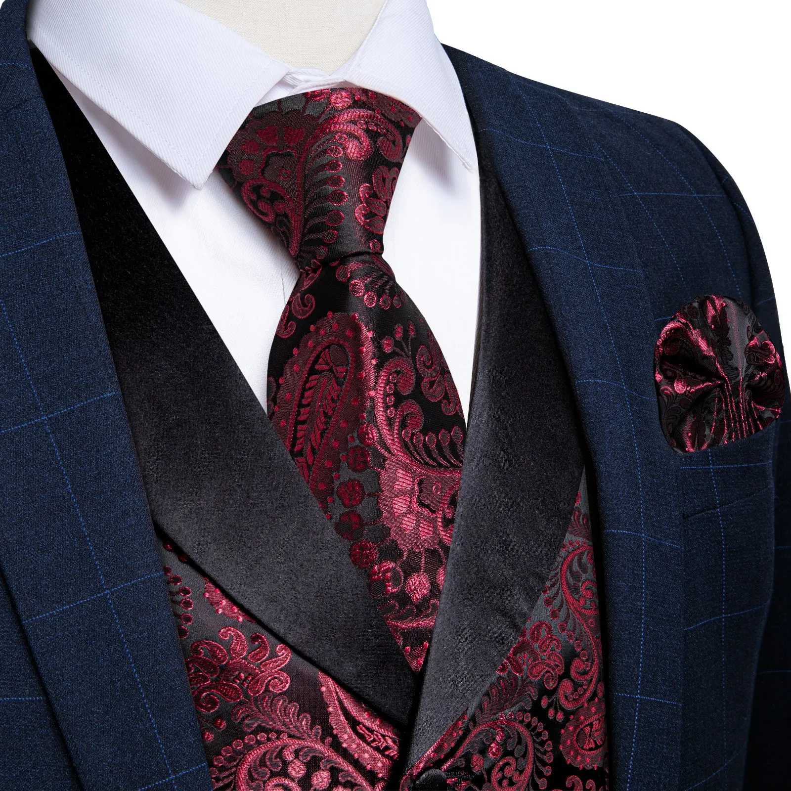 Classic Red Paisley Black Collar Vest Tie Hanky Cufflinks Set sold by Ties2You